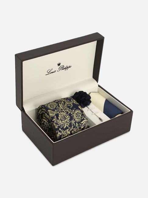 Louis Philippe Black Embroidered Tie with Pocket Square & Lapel Pin