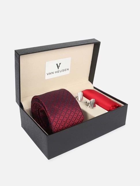 Van Heusen Red Embroidered Tie with Pocket Square & Cufflinks-picture-24