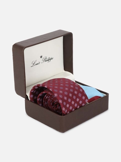 Louis Philippe Maroon Embroidered Tie with Pocket Square