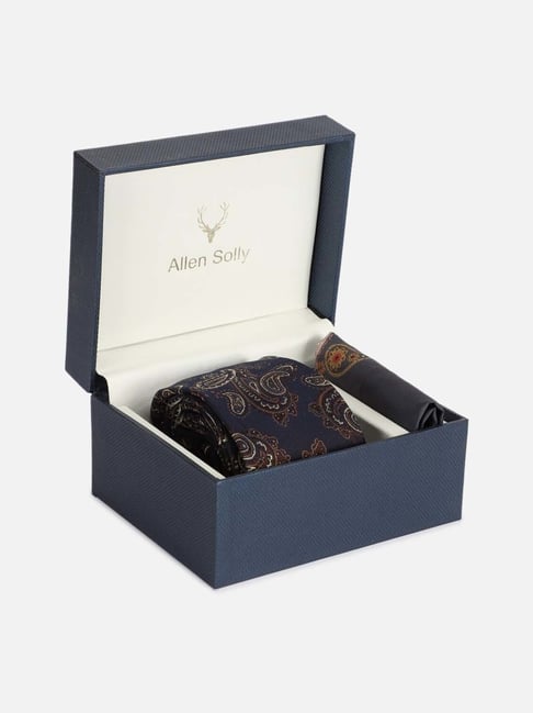Allen Solly Navy & Brown Embroidered Tie with Pocket Square