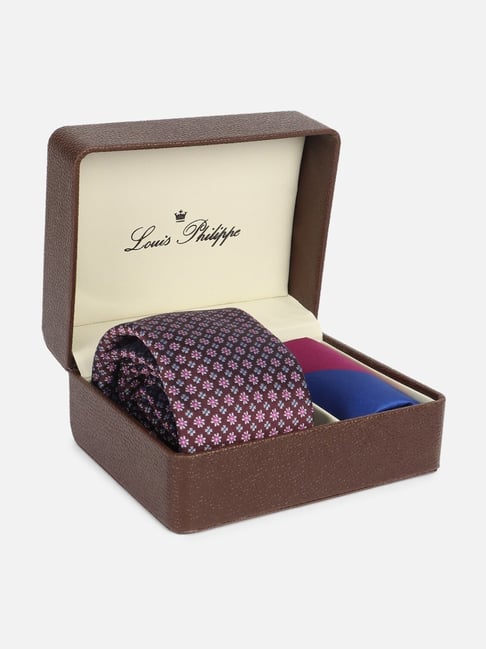 Louis Philippe Multicolor Embroidered Tie with Pocket Square & Cufflinks