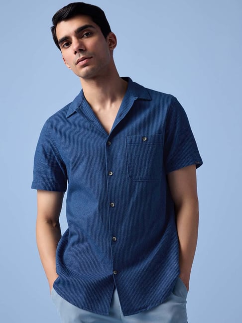 ANDAMEN Blue Regular Fit Textured Cotton Shirt-picture-38
