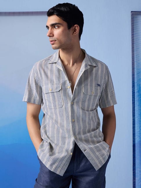 ANDAMEN Blue Regular Fit Striped Cotton Shirt-picture-39