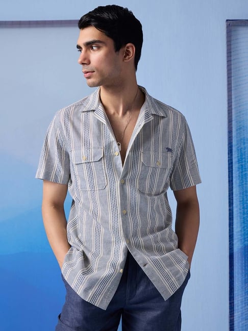 ANDAMEN Blue Slim Fit Striped Cotton Shirt-picture-37