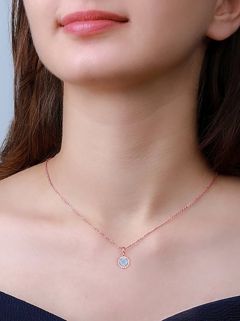 GIVA 92.5 Sterling Silver Rose Gold Blue Halo Pendant with Link Chain-picture-20