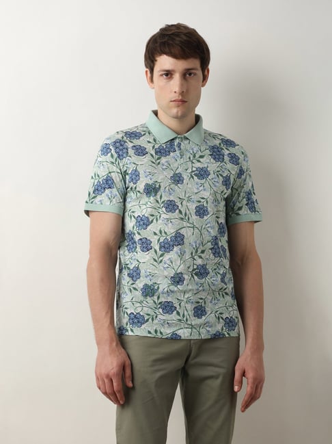 SELECTED HOMME Mint Green Slim Fit Floral Print Cotton Polo T-Shirt-picture-26