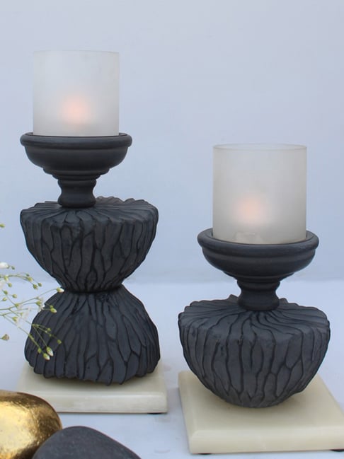 Karo ZehraRust Black Wood Candle Stands - Set of 2
