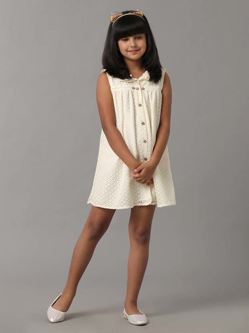 Under Fourteen Only Kids Cream Self Pattern Dress-picture-24