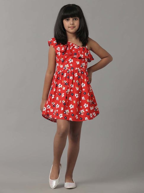 Under Fourteen Only Kids Red Cotton Floral Print Dress-picture-35