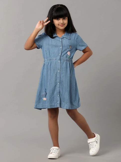 Under Fourteen Only Kids Blue Cotton Embroidered Dress-picture-25