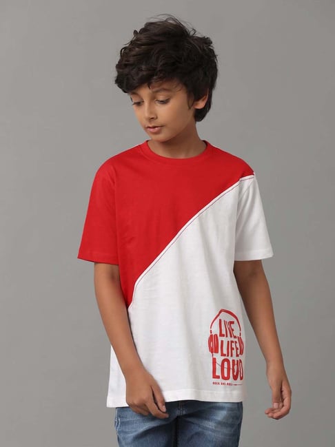 Under Fourteen Only Boys Red White Cotton Printed T-Shirt