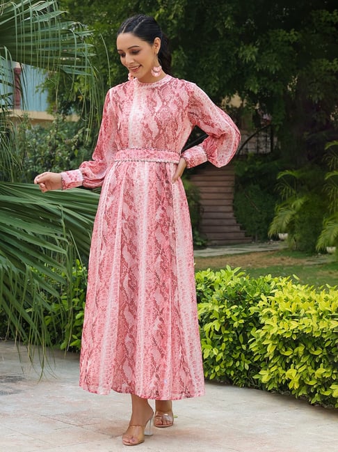 Ethnic Printed & Embroidered Anarkali Flared Midi Dress - Hot Pink – FASHOR