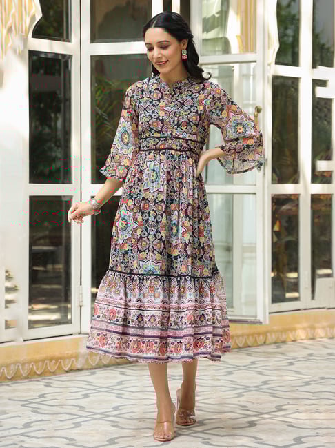 Juniper Black Geometric Printed Chiffon Tiered Maxi Dress With Buttons 