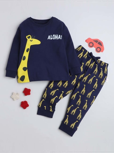 Bumzee Kids Navy & Yellow Cotton Printed Full Sleeves T-Shirt Set-picture-19