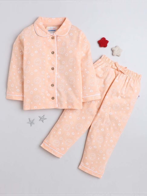 Bumzee Girls Peach Cotton Printed Full Sleeves Shirt Set