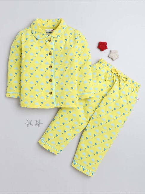 Bumzee Kids Yellow & Blue Cotton Printed Full Sleeves Shirt Set