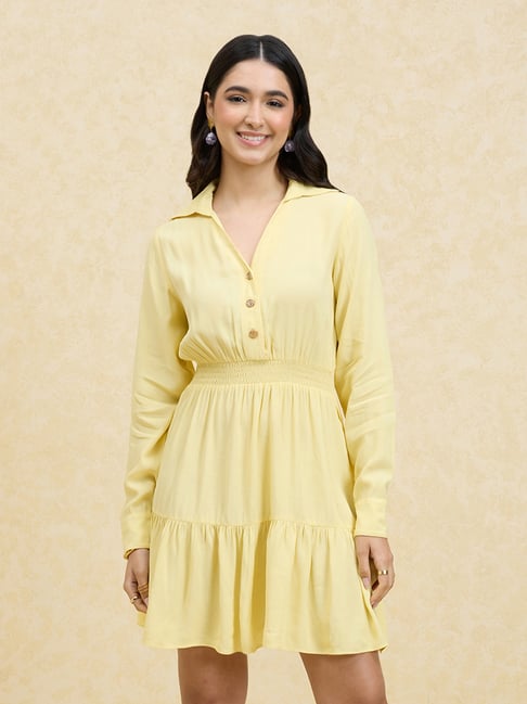 slim fit dress slacks Women's Button Front Floral Flare Mini Dress in Buttercup Yellow Small main image 0