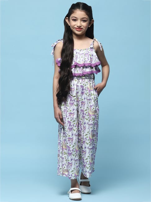 BIBA Girls Lavender & White Printed Jumpsuit