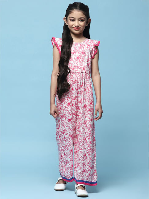 BIBA Girls Pink & White Floral Print Jumpsuit