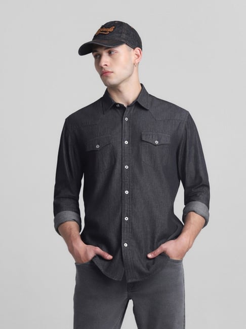 Jack Jones Medium Grey Denim Cotton Regular Fit Denim Shirt
