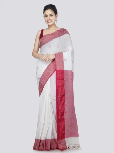 Pinkloom White & Pink Cotton Woven Saree With Unstitched Blouse-picture-42