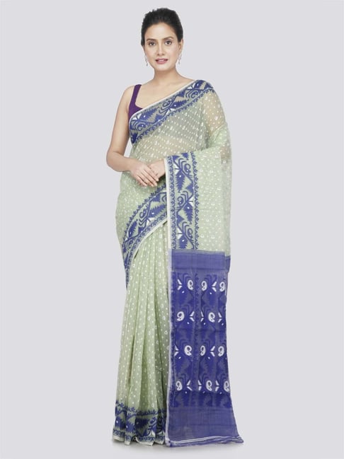 Pinkloom Green & Blue Cotton Woven Saree-picture-33