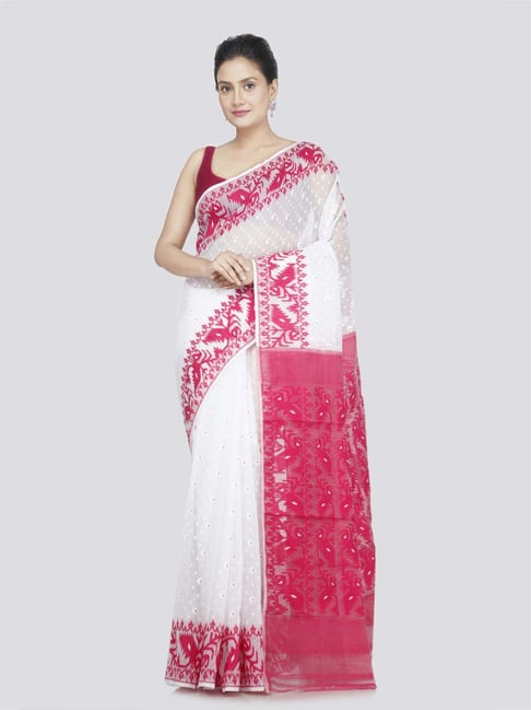 Pinkloom White & Pink Cotton Woven Saree-picture-22