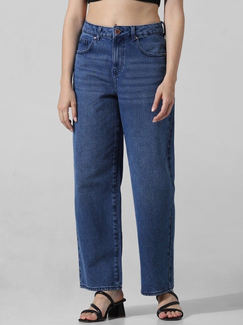 Buy Only Dark Blue Cotton Straight Fit High Rise Jeans for Women