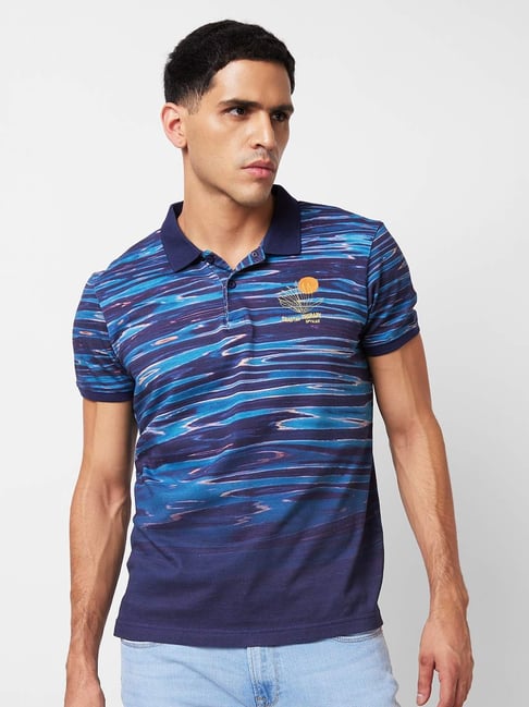 Buy Spykar Blue Cotton Slim Fit Printed Polo T Shirt for Mens Online Tata CLiQ