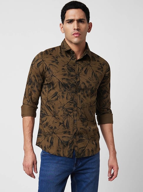 Spykar Green Cotton Slim Fit Printed Shirt