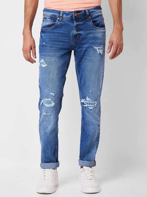 Spykar Blue Cotton Skinny Fit Distressed Jeans-picture-42