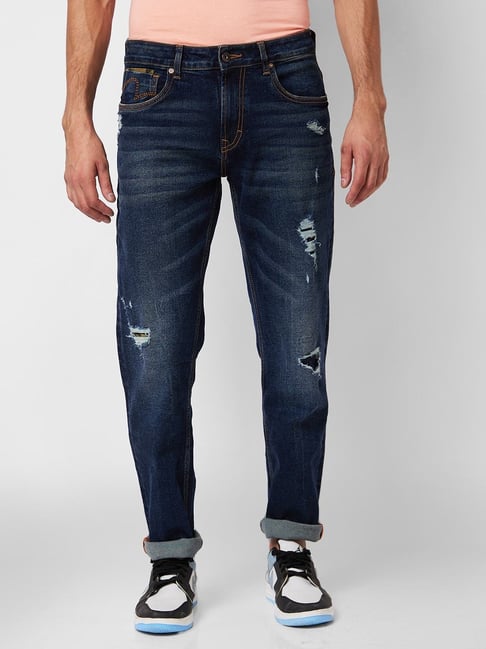Buy Spykar Blue Cotton Comfort Fit Distressed Jeans for Mens