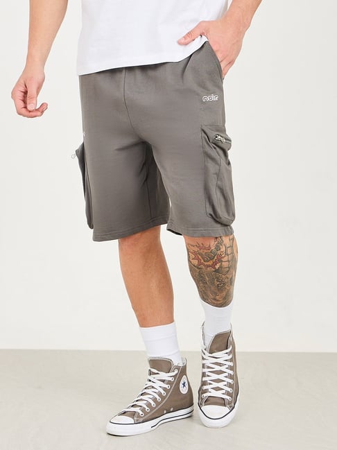 Styli Grey Cotton Loose Fit Printed Cargo Shorts