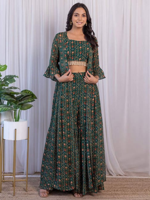 Odette Green Printed Crop Top Palazzo Set With Shrug