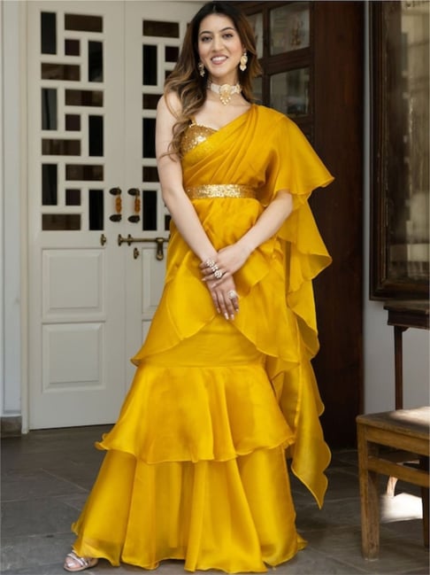 Buy Odette Yellow Plain Ready To Wear Saree With Stitched Blouse