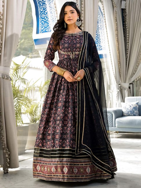 chinese dress ladies Buy Green Glitter Printed Kalidar Dress And Dupatta Set Online for Woman main image 1