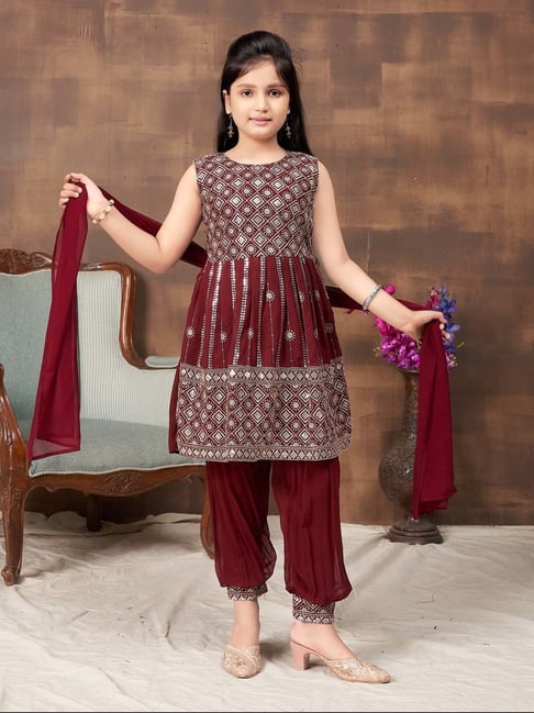 Aarika Kids Maroon Embroidered Kurti Set-picture-47