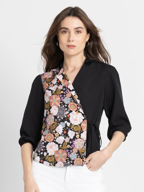 Shaye Notch Collar Black Floral Print Three-Quarter Sleeves Casual Tops For Women