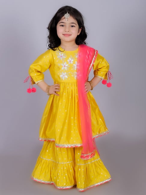 Lil Drama Kids Yellow & Coral Embroidered Kurta, Gharara with Dupatta-picture-37