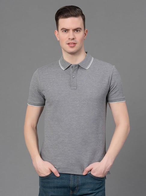 Buy Red Tape Grey Melange Regular Fit Self Design Polo T-Shirt for