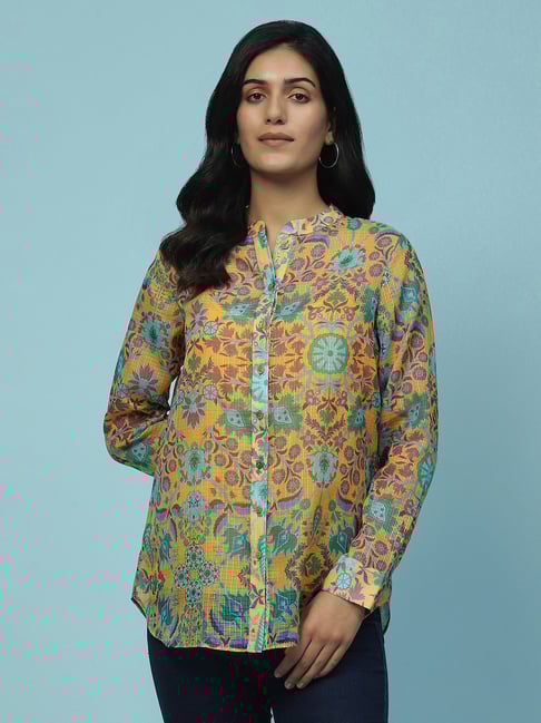 aarke Ritu Kumar Yellow Floral Print Shirt With Camisole-picture-25