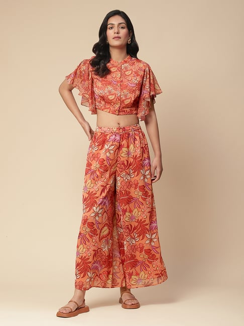 aarke Ritu Kumar Orange Floral Print Crop Top With Palazzos