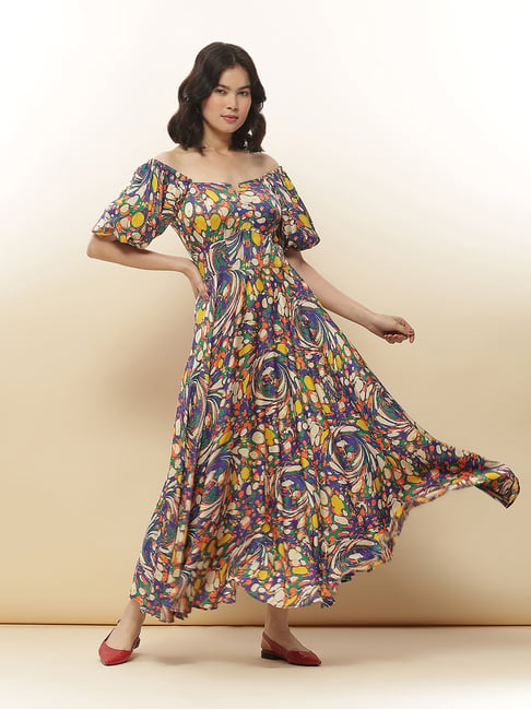 label ritu kumar maxi dress Floral Maxi Ritu Kumar Maxi Dress Label Ritu Kumar Floral Print Bishop  Sleeves Tiered Chiffon Fit Flare Maxi Dress