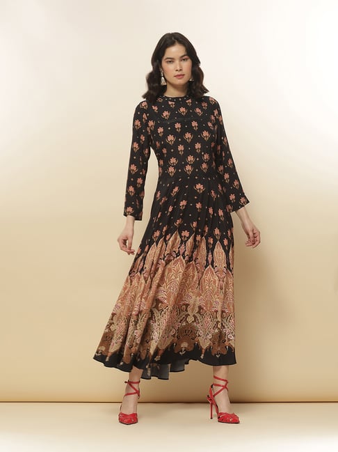 Buy Label Ritu Kumar Black & Brown Floral Print Midi Dress for Women Online  @ Tata CLiQ