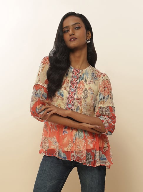 Label Ritu Kumar Off White Floral Print Top With Inner-picture-47