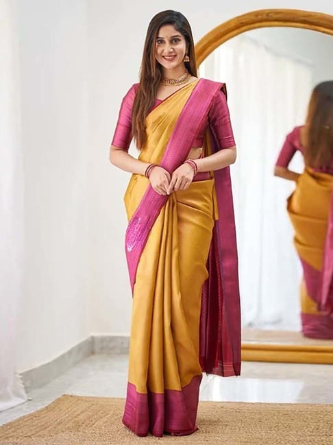Buy Anjaneya Sarees Yellow Pink Silk Saree With Unstitched