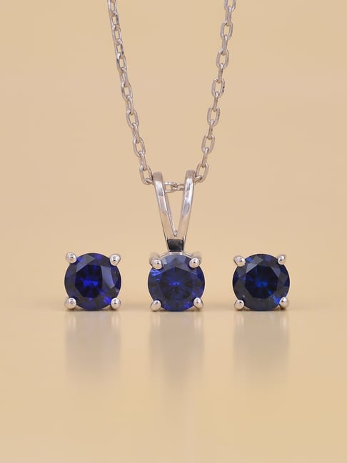 Ornate Jewels 92.5 Sterling Silver Sapphire Solitaire Pendant Necklace Earrings Jewellery Set