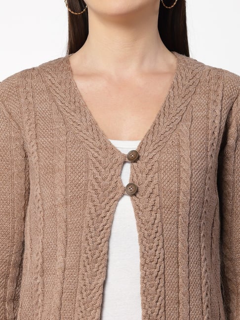 Buy Kalt Light Brown Self Design Cardigan for Women's Online
