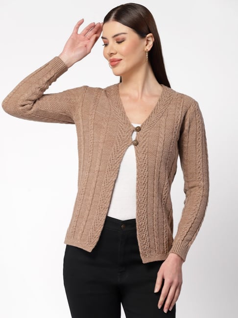 Kalt Light Brown Self Design Cardigan