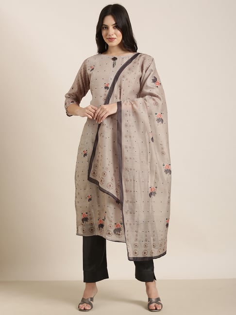 SHOWOFF Olive Embellished Kurta With Pants & Dupatta